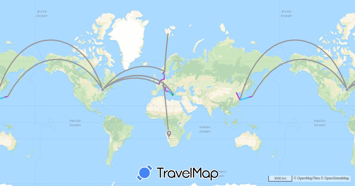 TravelMap itinerary: driving, bus, plane, train, boat in Canada, Switzerland, China, Germany, Denmark, France, Greece, Italy, Japan, Namibia, Netherlands, Norway (Africa, Asia, Europe, North America)