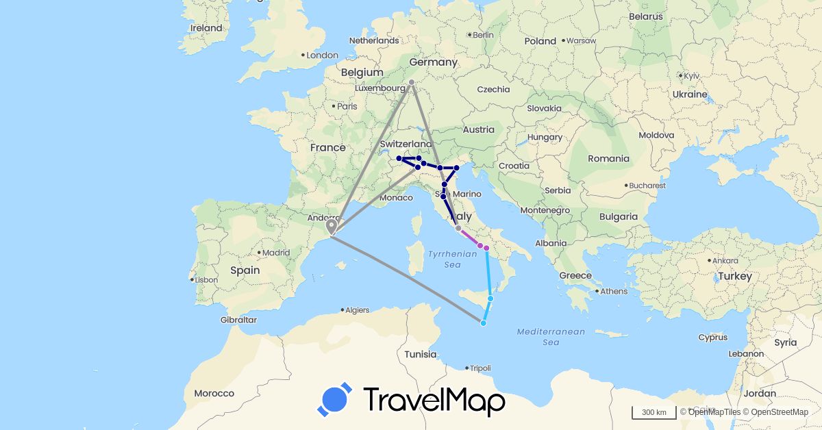 TravelMap itinerary: driving, plane, train, boat in Switzerland, Germany, Spain, Italy, Malta (Europe)