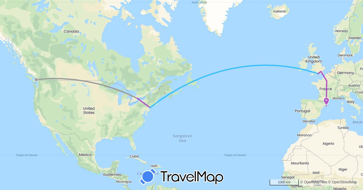 TravelMap itinerary: driving, plane, train, boat in Canada, Spain, France, United Kingdom, United States (Europe, North America)