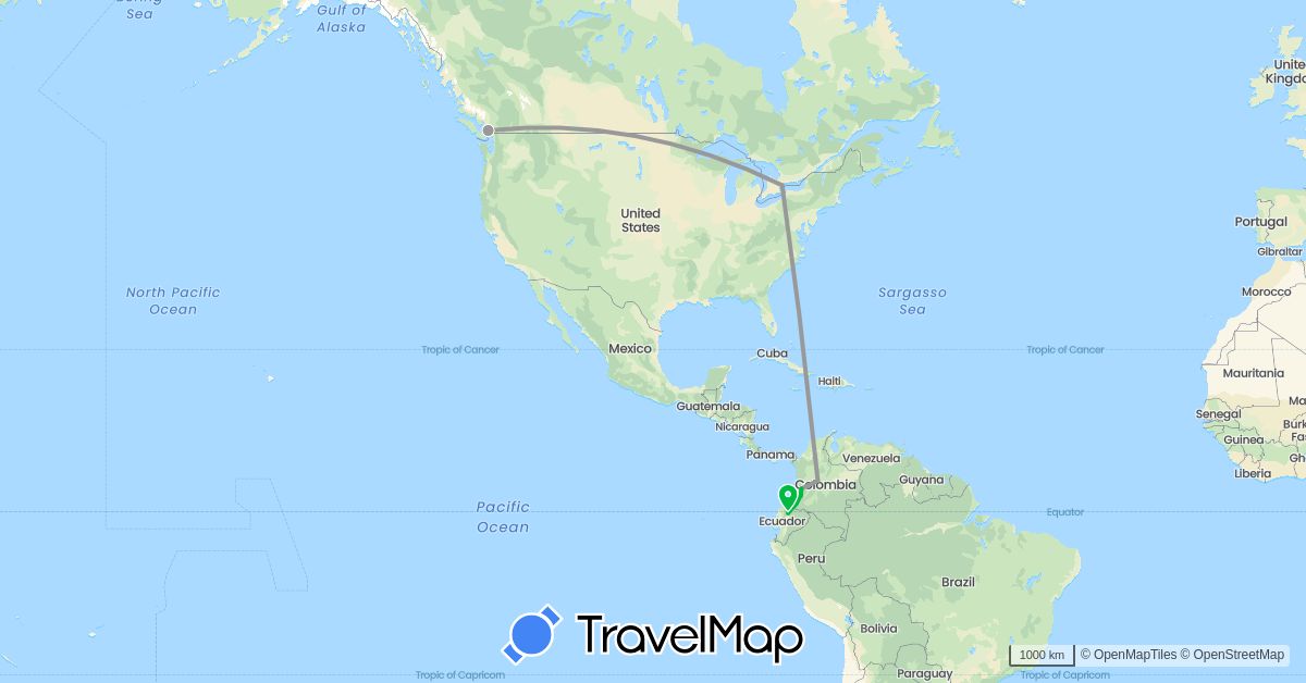 TravelMap itinerary: driving, bus, plane in Canada, Colombia, Ecuador (North America, South America)