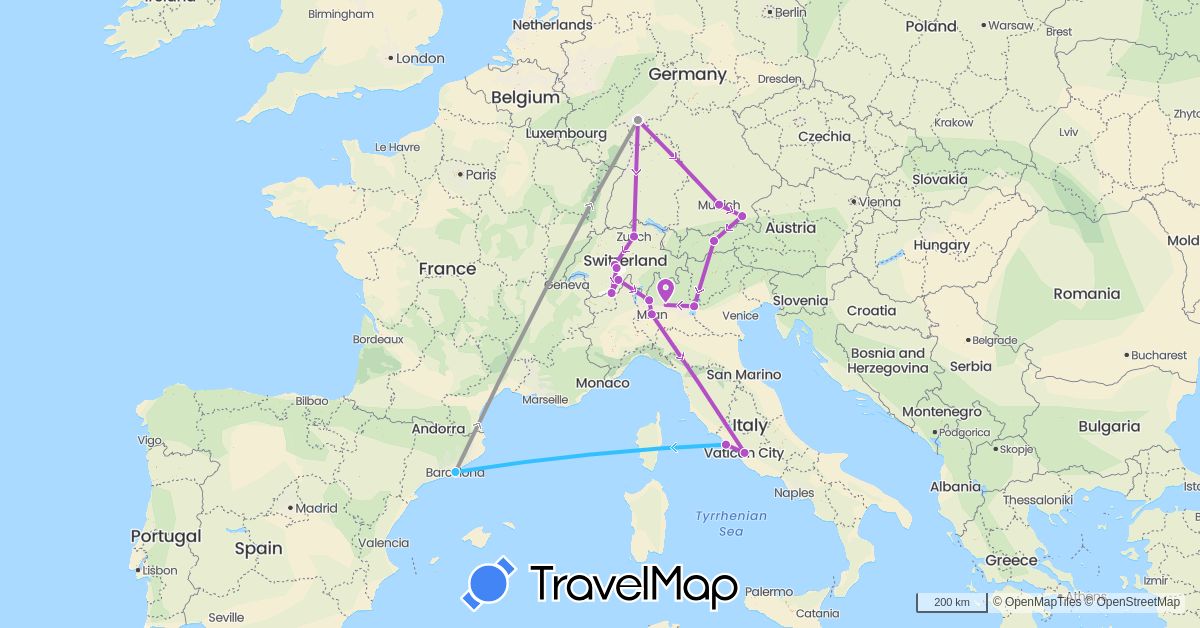 TravelMap itinerary: plane, train, boat in Austria, Switzerland, Germany, Spain, Italy (Europe)