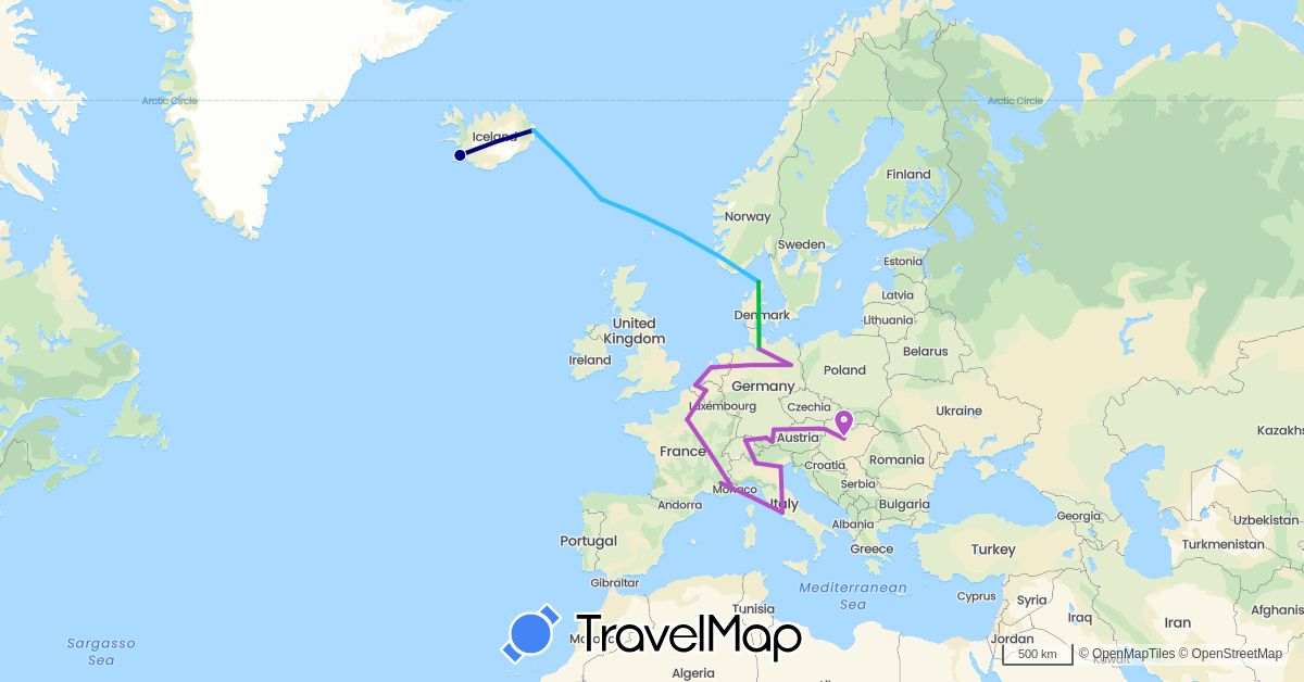 TravelMap itinerary: driving, bus, train, boat in Austria, Belgium, Switzerland, Germany, Denmark, Faroe Islands, France, Hungary, Iceland, Italy, Netherlands, Slovakia (Europe)