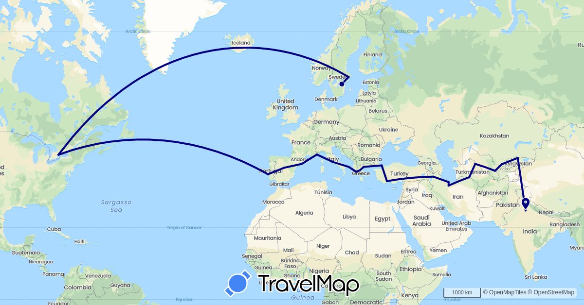 TravelMap itinerary: driving in Canada, Spain, France, Greece, India, Iran, Italy, Kyrgyzstan, Portugal, Sweden, Turkmenistan, Turkey, Uzbekistan (Asia, Europe, North America)