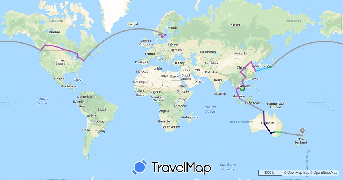 TravelMap itinerary: driving, bus, plane, train, boat, motorbike in Australia, Canada, China, Japan, Cambodia, New Zealand, Sweden, Singapore, Thailand, United States, Vietnam (Asia, Europe, North America, Oceania)