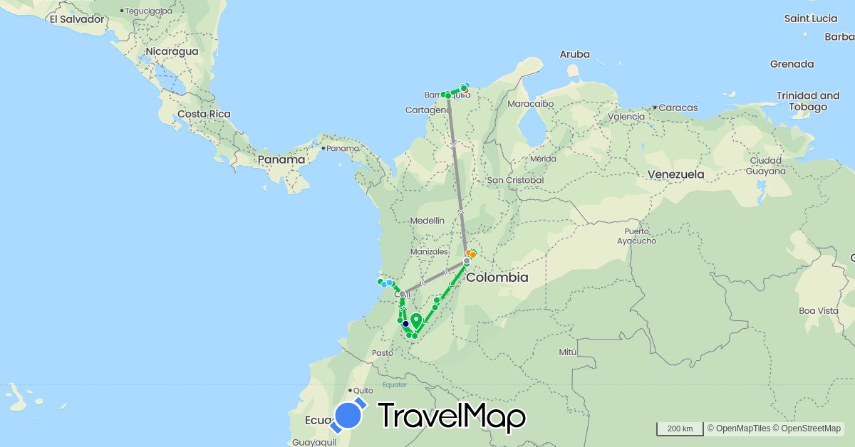 TravelMap itinerary: driving, bus, plane, hiking, boat, hitchhiking, motorbike in Colombia (South America)