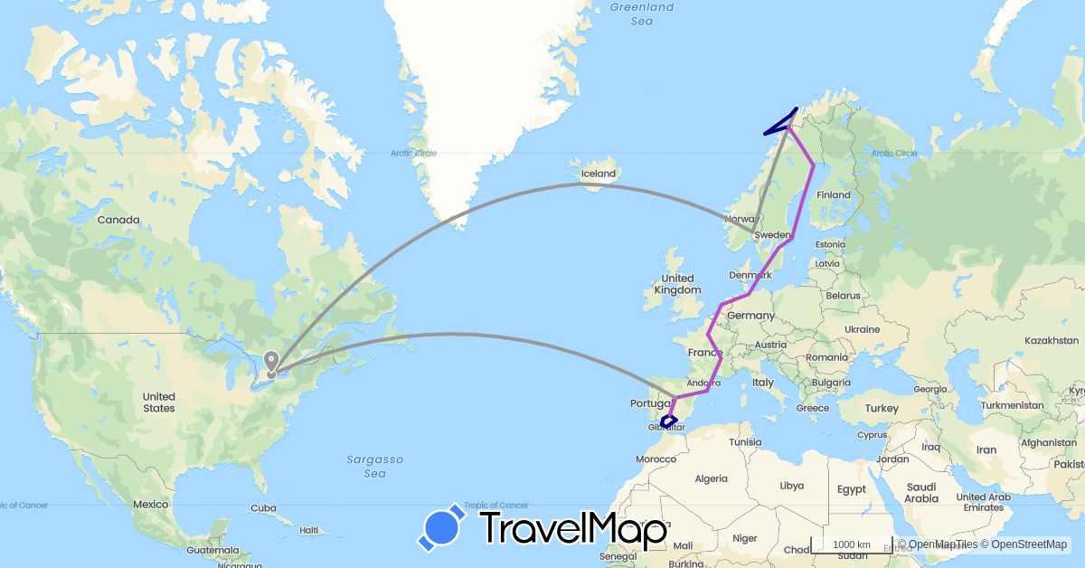 TravelMap itinerary: driving, plane, train in Canada, Germany, Spain, France, Gibraltar, Iceland, Netherlands, Norway, Sweden (Europe, North America)